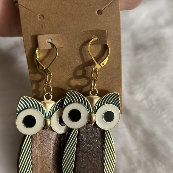 Owl wooden gold and teal handmade earrings, 18k gold plated leverback earrings - Picture 9 of 9